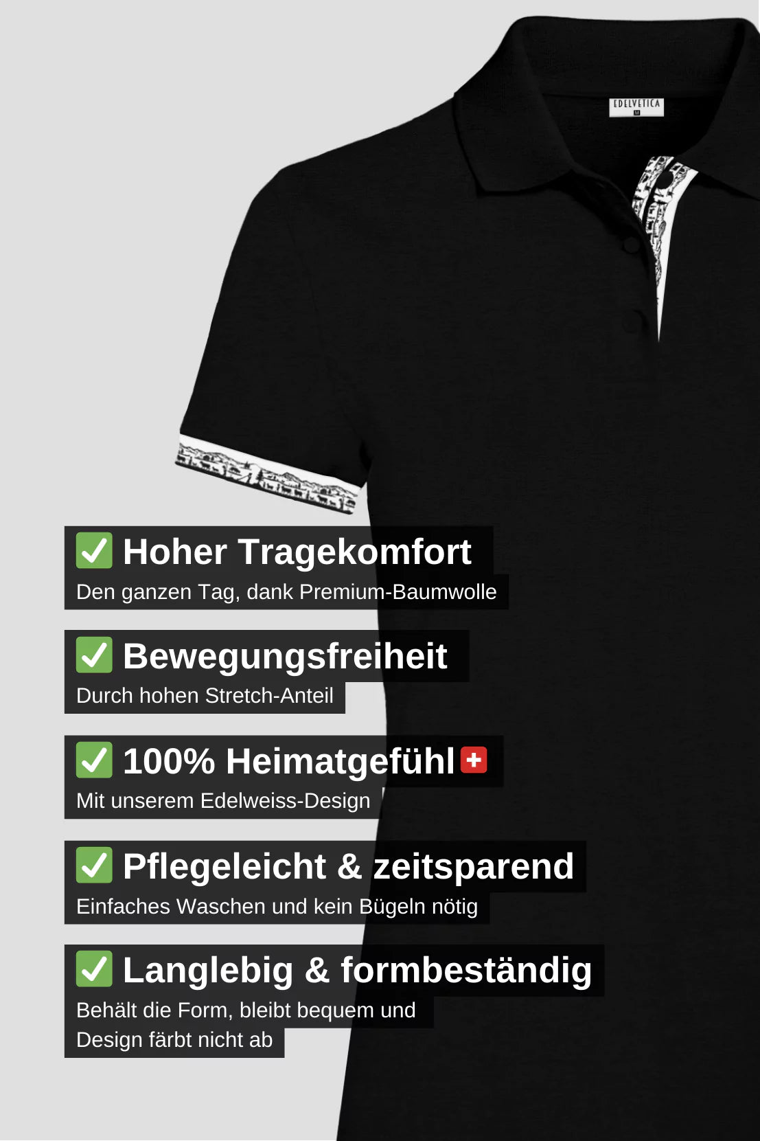 Damen Scherenschnitt Polo-Shirt von Edelvetica, gekennzeichnet durch einzigartige Scherenschnitt-Details am Kragen und den Armabschlüssen. Dieses elegante Polo-Shirt verbindet traditionelle Schweizer Kunst mit modernem Stil und bietet eine stilvolle Option für diverse Anlässe. Perfekt für eine anspruchsvolle Garderobe, die traditionelle Elemente und zeitgenössische Mode vereint.