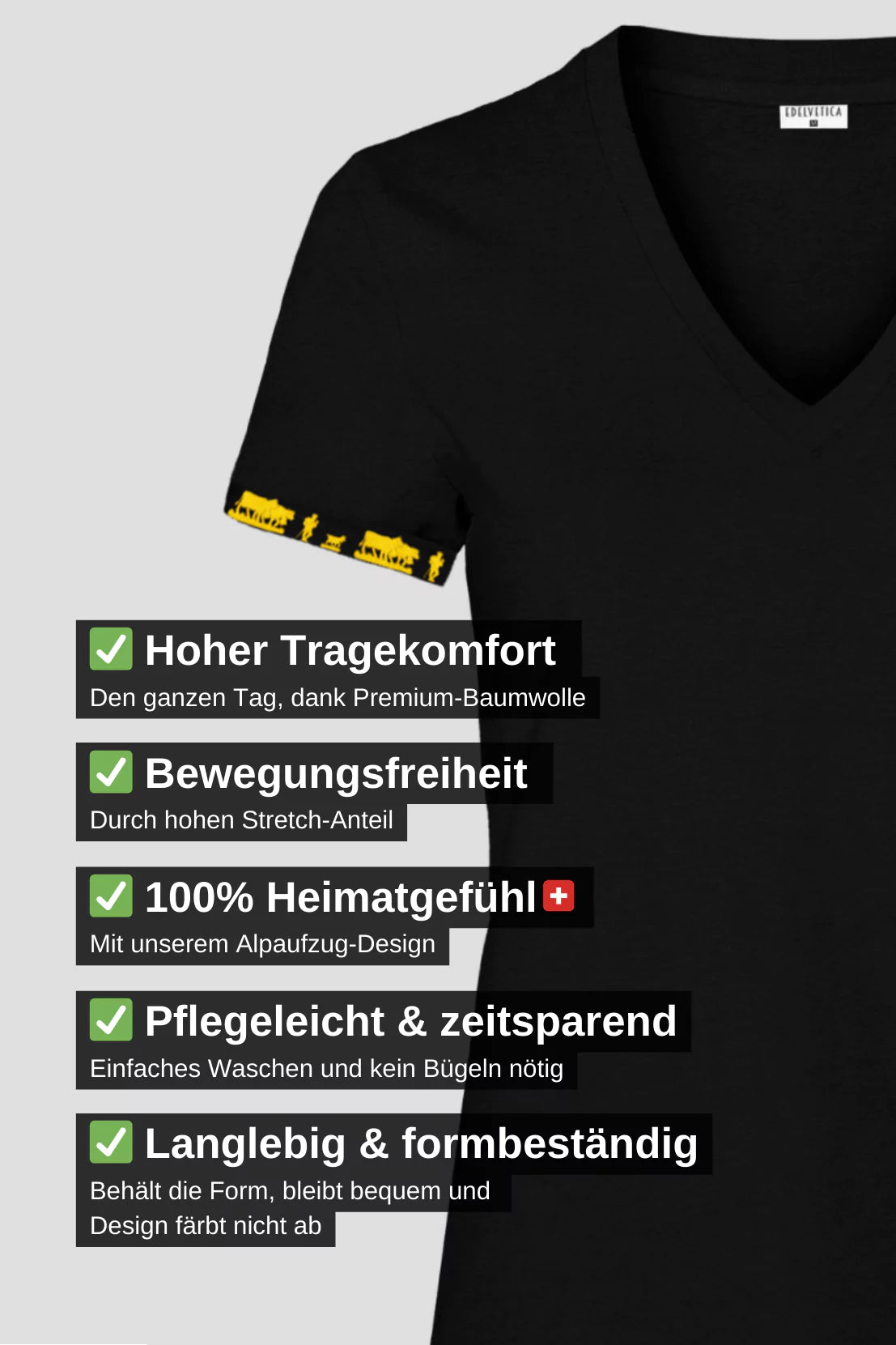 Damen Shirt 'Alpaufzug' von Edelvetica, das traditionelle Schweizer Kultur mit modernem Design verbindet. Das Shirt zeigt eine Darstellung des Alpaufzugs, einem traditionellen Schweizer Ereignis, das den Beginn des Alpsommers markiert. Es kombiniert Komfort und Stil, ideal für alltägliche oder besondere Anlässe.