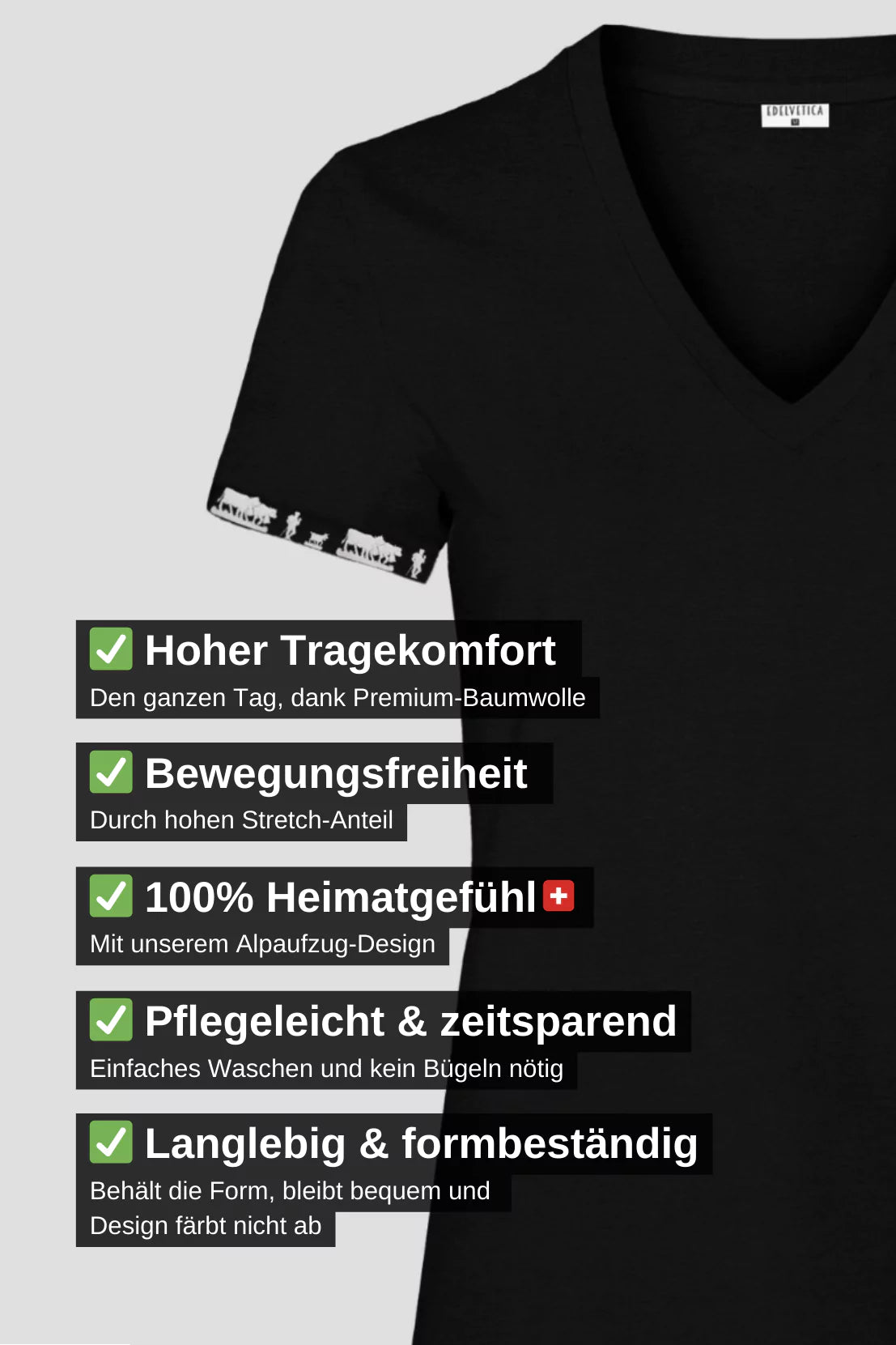 Damen Shirt 'Alpaufzug' von Edelvetica, das traditionelle Schweizer Kultur mit modernem Design verbindet. Das Shirt zeigt eine Darstellung des Alpaufzugs, einem traditionellen Schweizer Ereignis, das den Beginn des Alpsommers markiert. Es kombiniert Komfort und Stil, ideal für alltägliche oder besondere Anlässe.