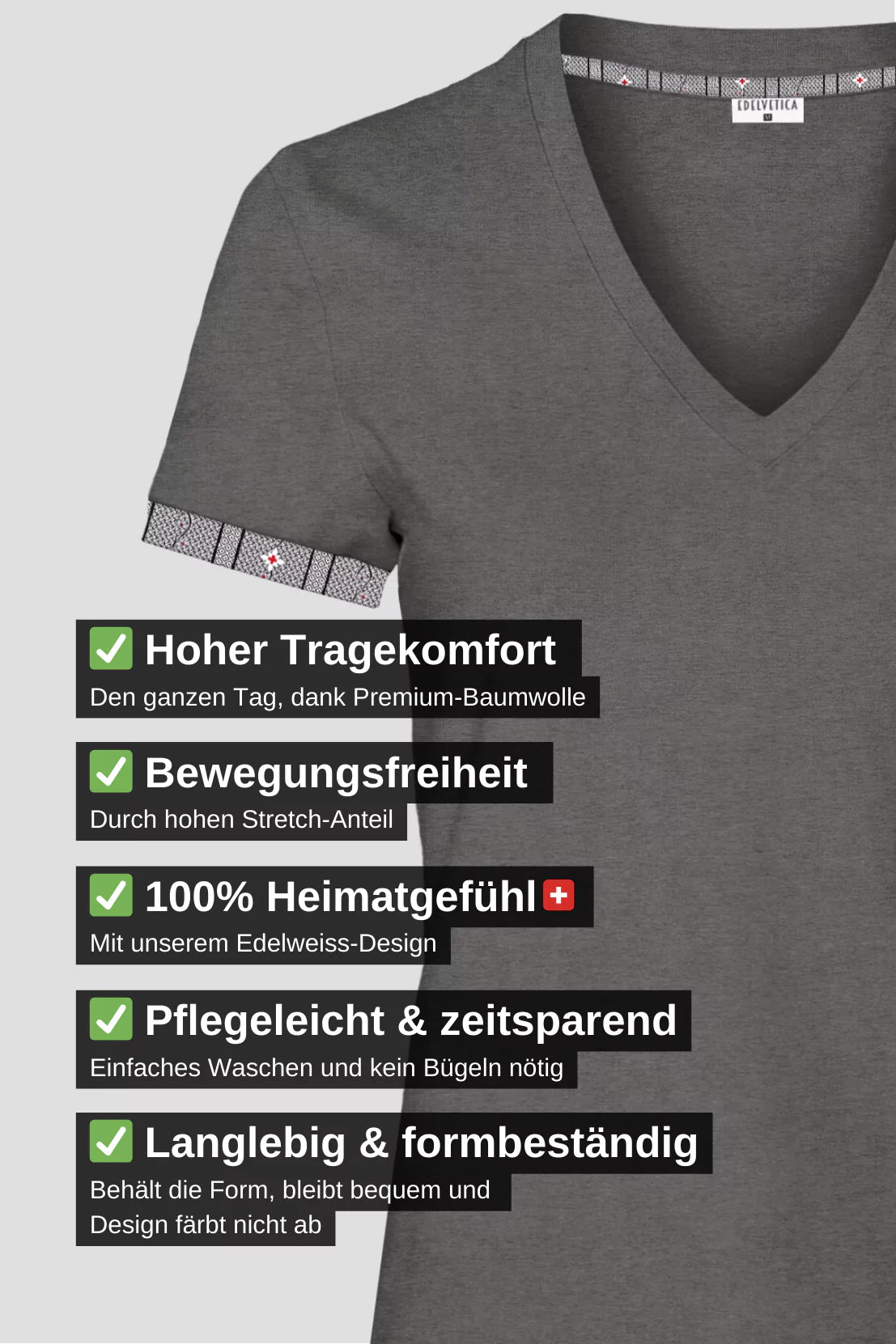 Edelweiss Original Damen T-Shirt in verschiedenen Farben mit einzigartigem Edelweiss-Design am Armabschluss von Edelvetica.