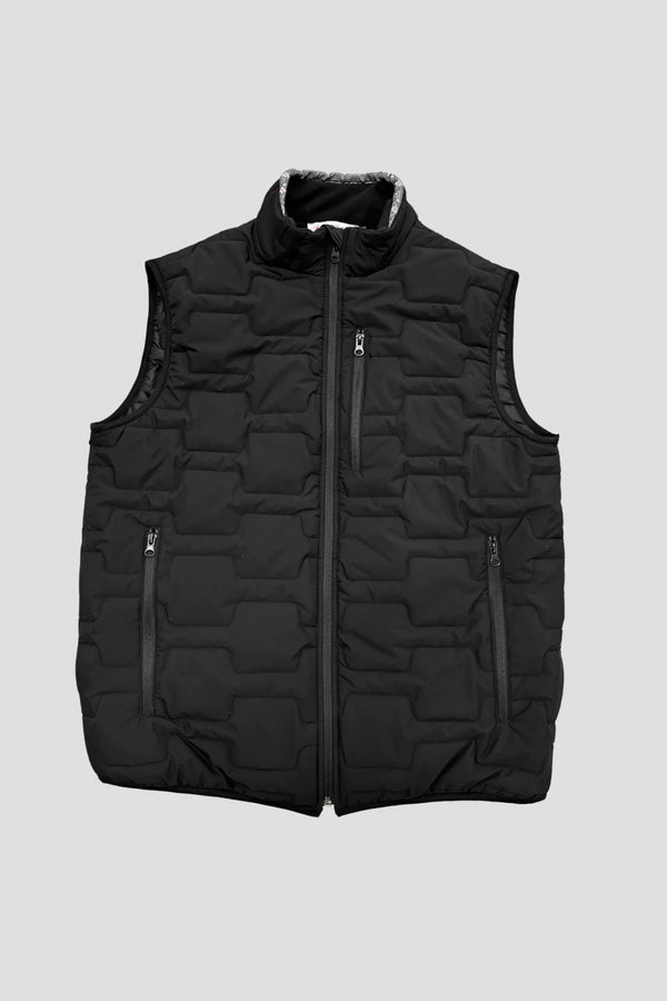 Gilet Edelweiss Herren in Schwarz mit grauem Edelweiss-Muster, hochwertig verarbeitet, mit dezenten Edelweiss-Streifen am Reissverschluss und Nacken, ideal für Arbeit, Freizeit und elegante Anlässe.