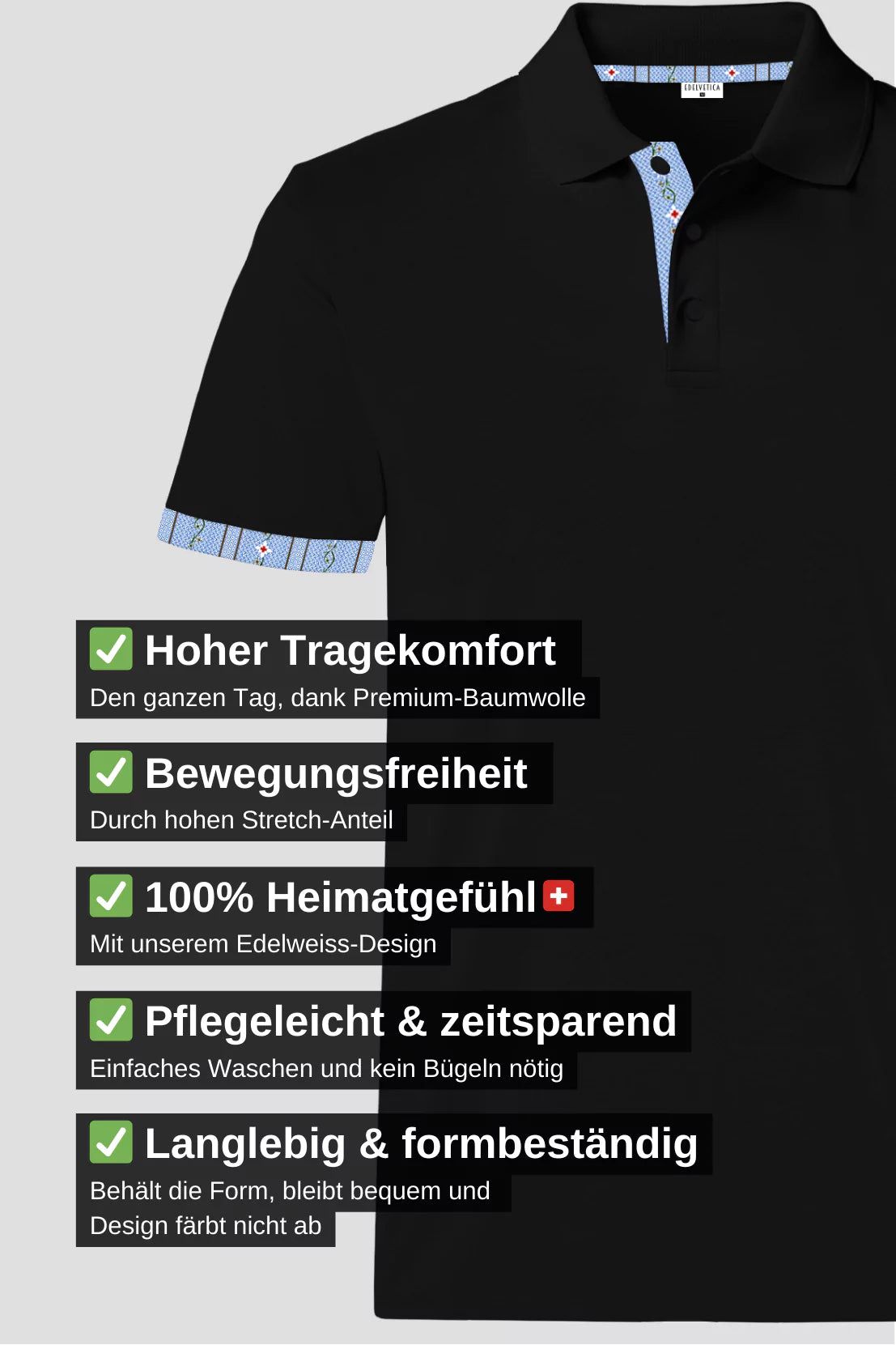 Herren Edelweiss Polo Shirt mit einzigartigem Krageninnenseite- und Armabschluss Design in verschiedenen Farben