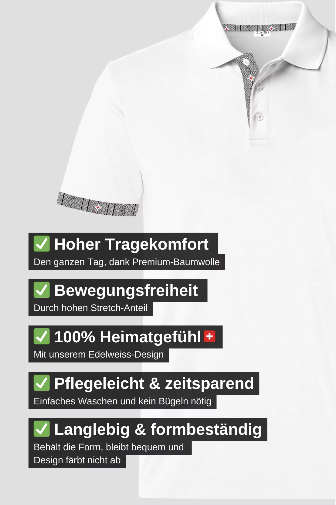 Herren Edelweiss Polo Shirt mit einzigartigem Krageninnenseite- und Armabschluss Design in verschiedenen Farben