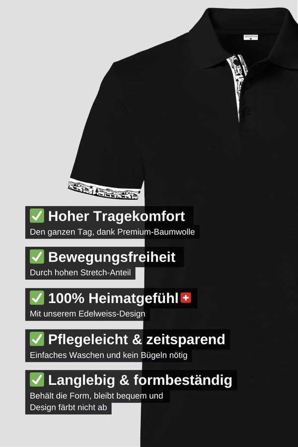 Herren Scherenschnitt Polo-Shirt von Edelvetica, gekennzeichnet durch einzigartige Scherenschnitt-Details am Kragen und den Armabschlüssen. Dieses elegante Polo-Shirt verbindet traditionelle Schweizer Kunst mit modernem Stil und bietet eine stilvolle Option für diverse Anlässe. Perfekt für eine anspruchsvolle Garderobe, die traditionelle Elemente und zeitgenössische Mode vereint.