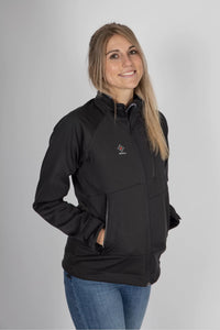 Softshell Jacke Edelweiss Damen von Edelvetica, schwarze Outdoor-Jacke mit grauem Edelweiss-Muster, wasserdicht, winddicht und stilvoll, ideal für Freizeit und Outdoor.