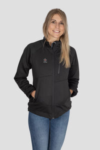 Softshell Jacke Edelweiss Damen von Edelvetica, schwarze Outdoor-Jacke mit grauem Edelweiss-Muster, wasserdicht, winddicht und stilvoll, ideal für Freizeit und Outdoor.