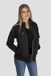 Softshell Jacke Edelweiss Damen von Edelvetica, schwarze Outdoor-Jacke mit grauem Edelweiss-Muster, wasserdicht, winddicht und stilvoll, ideal für Freizeit und Outdoor.