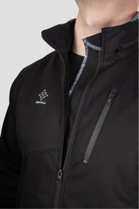 Softshell Jacke Edelweiss Herren von Edelvetica, schwarze Outdoor-Jacke mit grauem Edelweiss-Muster, wasserdicht und winddicht, mit Kapuze und hochwertigem Design.